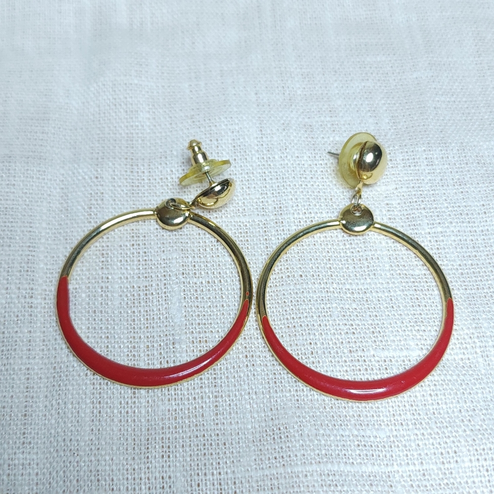 Vintage Gold and Red Enamel Hoop Earrings Pierced Dangle Drop 2"